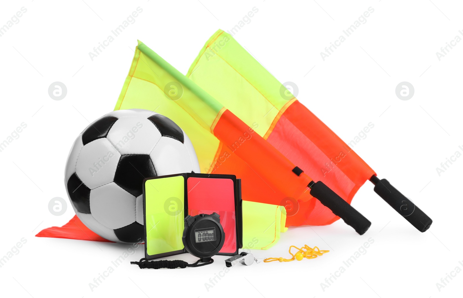 Photo of Football referee equipment. Soccer ball, flags, stopwatch, cards and whistle isolated on white