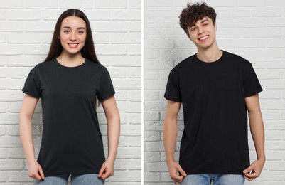 People wearing black t-shirts near white brick wall. Mockup for design
. Mockup for design