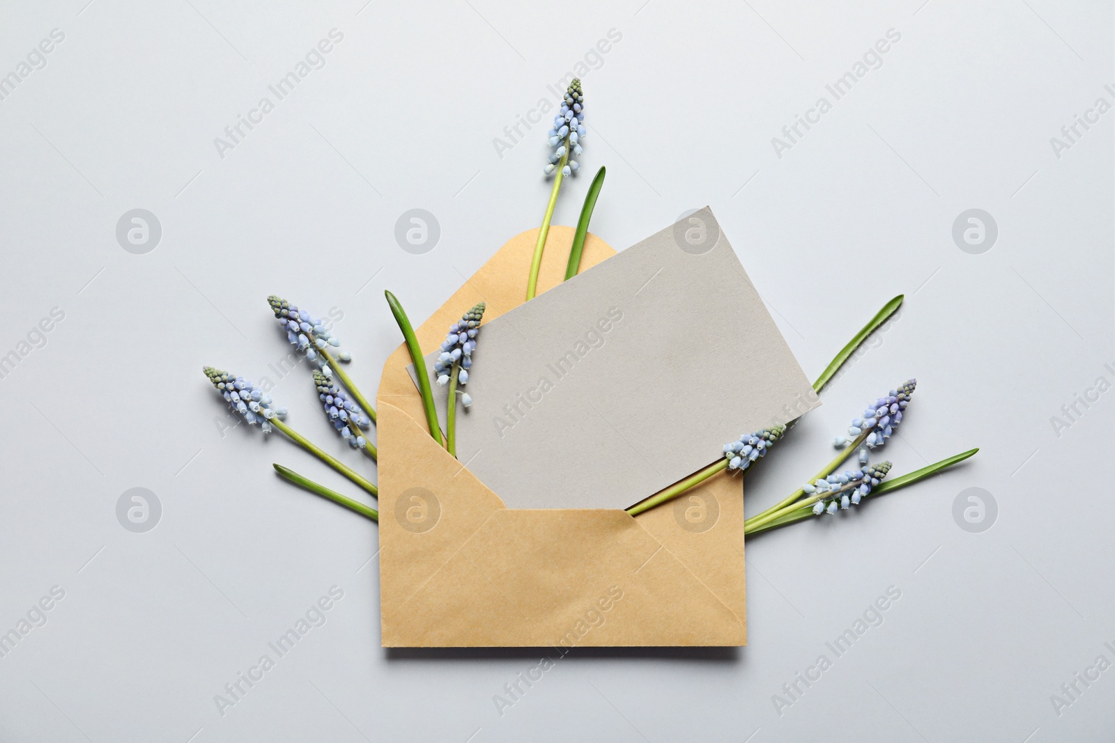 Photo of Envelope with beautiful spring muscari flowers and card on light background, flat lay. Space for text