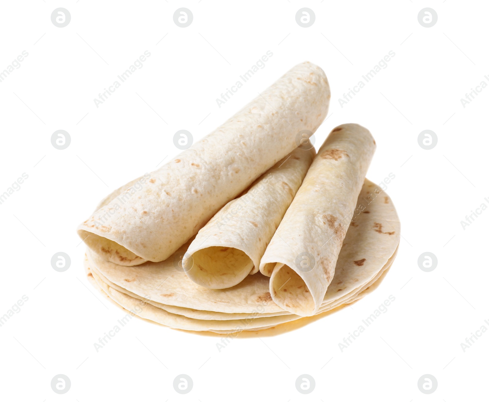 Photo of Corn tortillas on white background. Unleavened bread