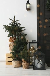 Photo of Beautiful fir trees and different Christmas decor indoors