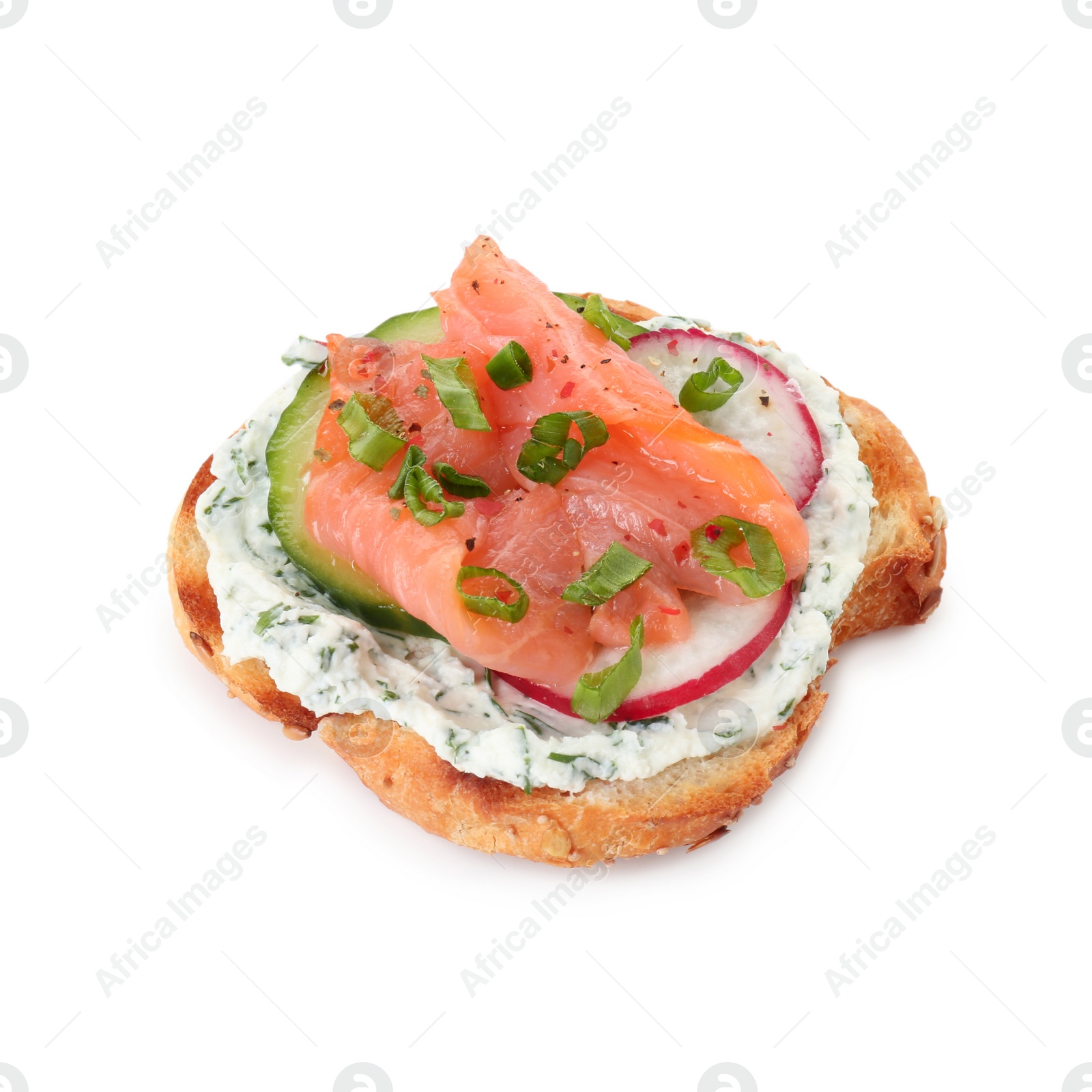 Photo of Tasty canape with salmon, cucumber, radish and cream cheese isolated on white