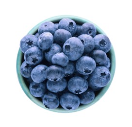 Photo of Tasty fresh ripe blueberries in bowl on white background, top view