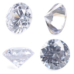 Image of Beautiful dazzling diamonds on white background, set