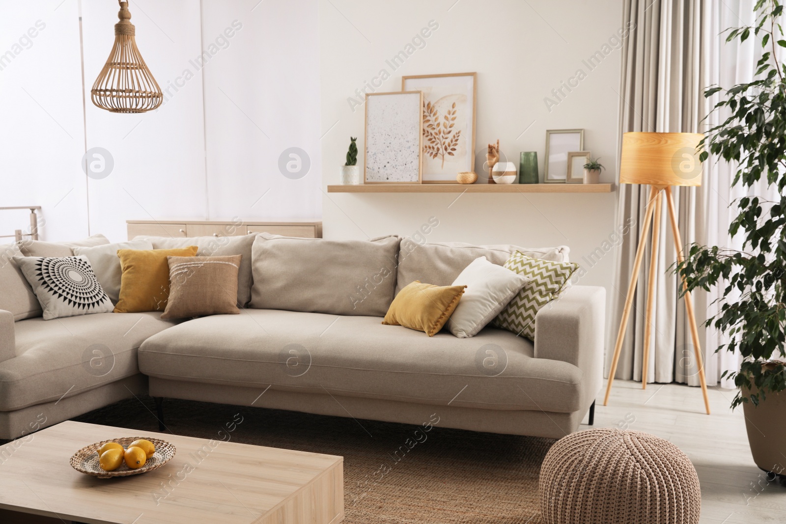 Photo of Stylish living room interior with comfortable grey sofa and different decor elements