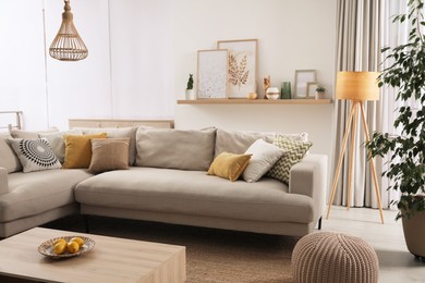 Stylish living room interior with comfortable grey sofa and different decor elements