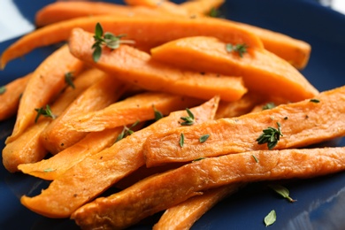 Closeup view of plate with sweet potato fries