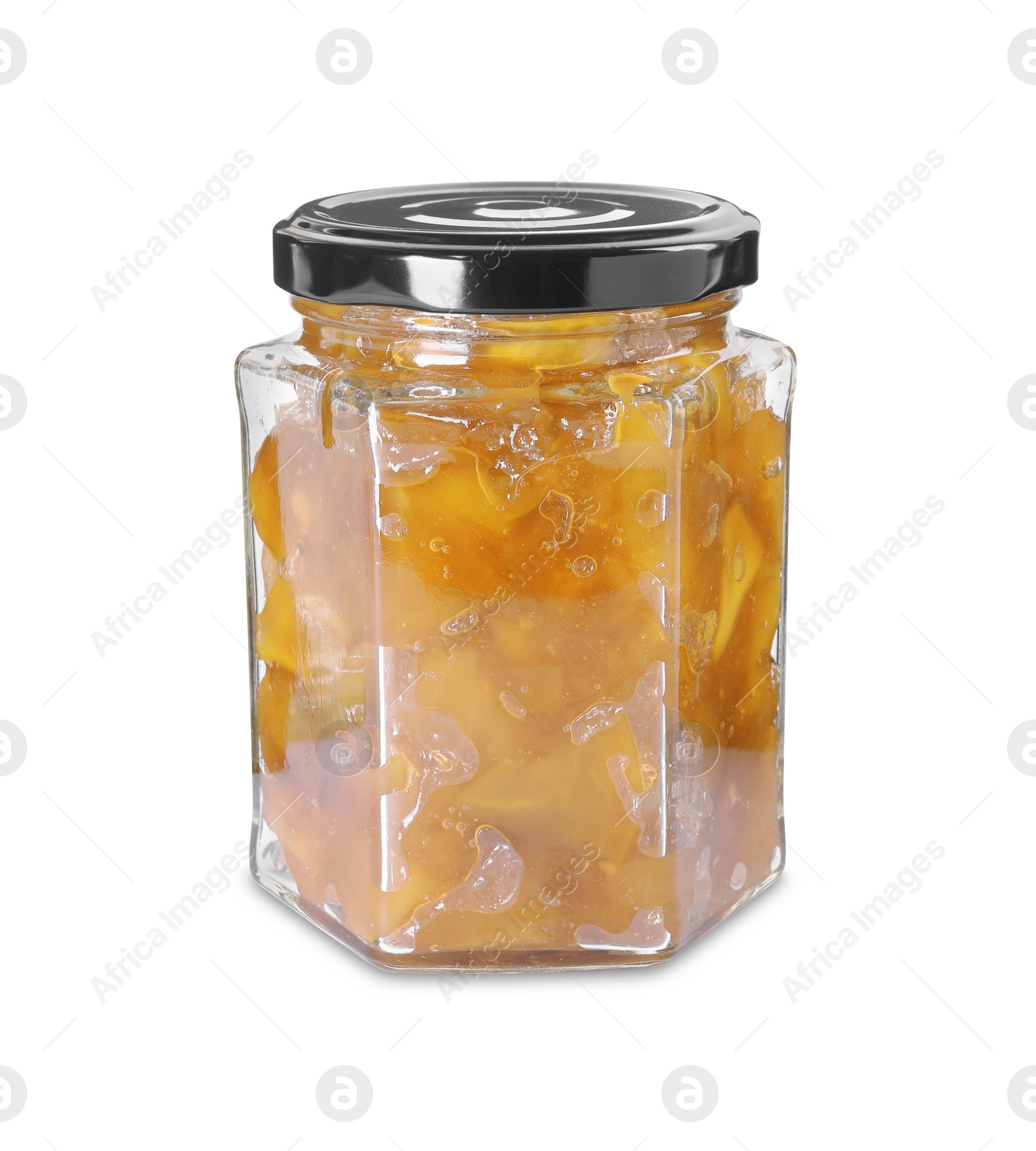 Photo of Glass jar of delicious apple jam isolated on white