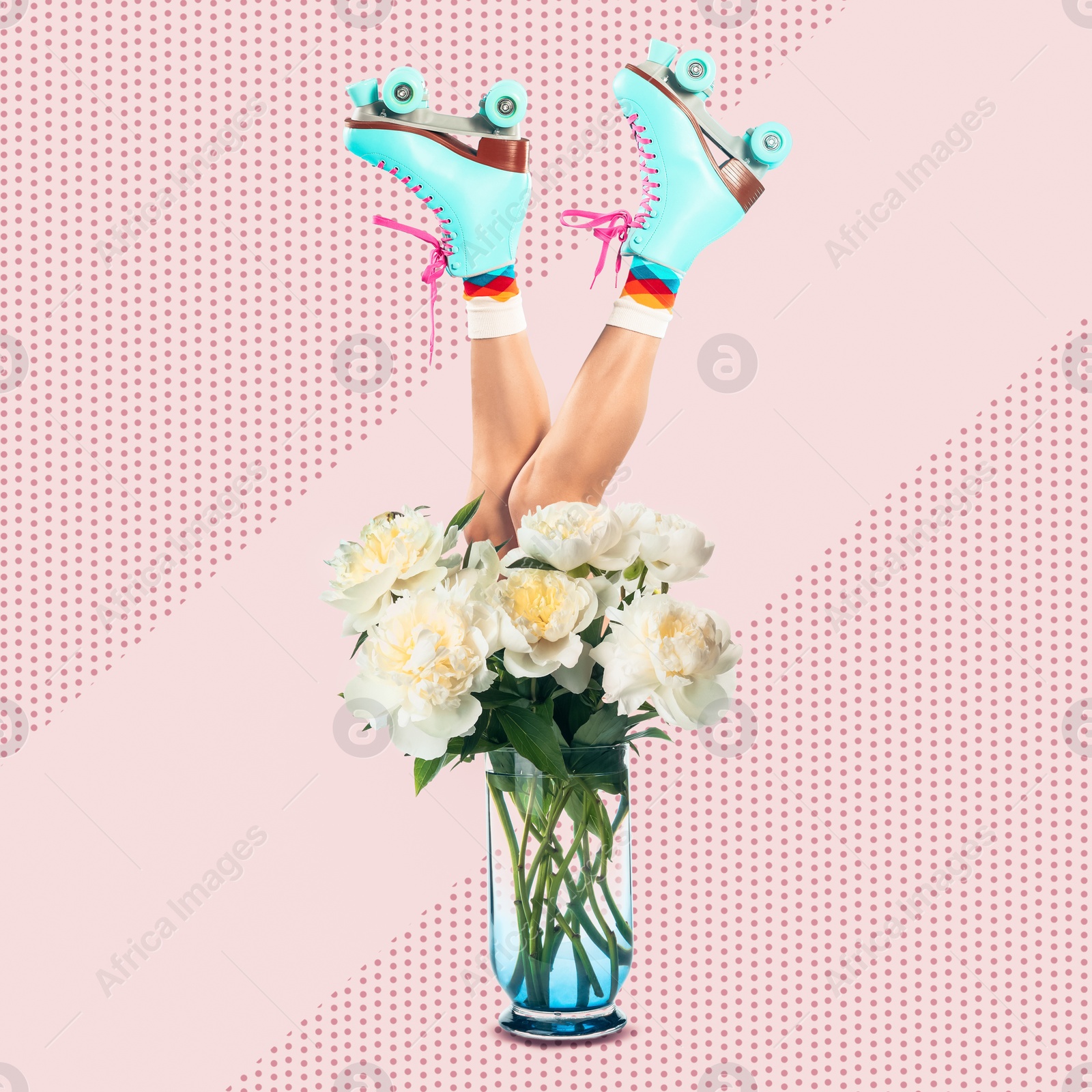 Creative art collage about femininity, style and fashion. Woman sticking out of vase with tender white peonies on bright background Image of Creative art collage about femininity, style and fashion. Woman sticking out of vase with tender white peonies on bright background