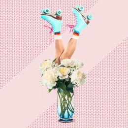 Image of Creative art collage about femininity, style and fashion. Woman sticking out of vase with tender white peonies on bright background