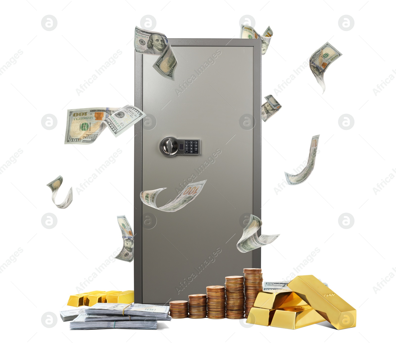 Image of Big closed steel safe with money and gold bars on white background