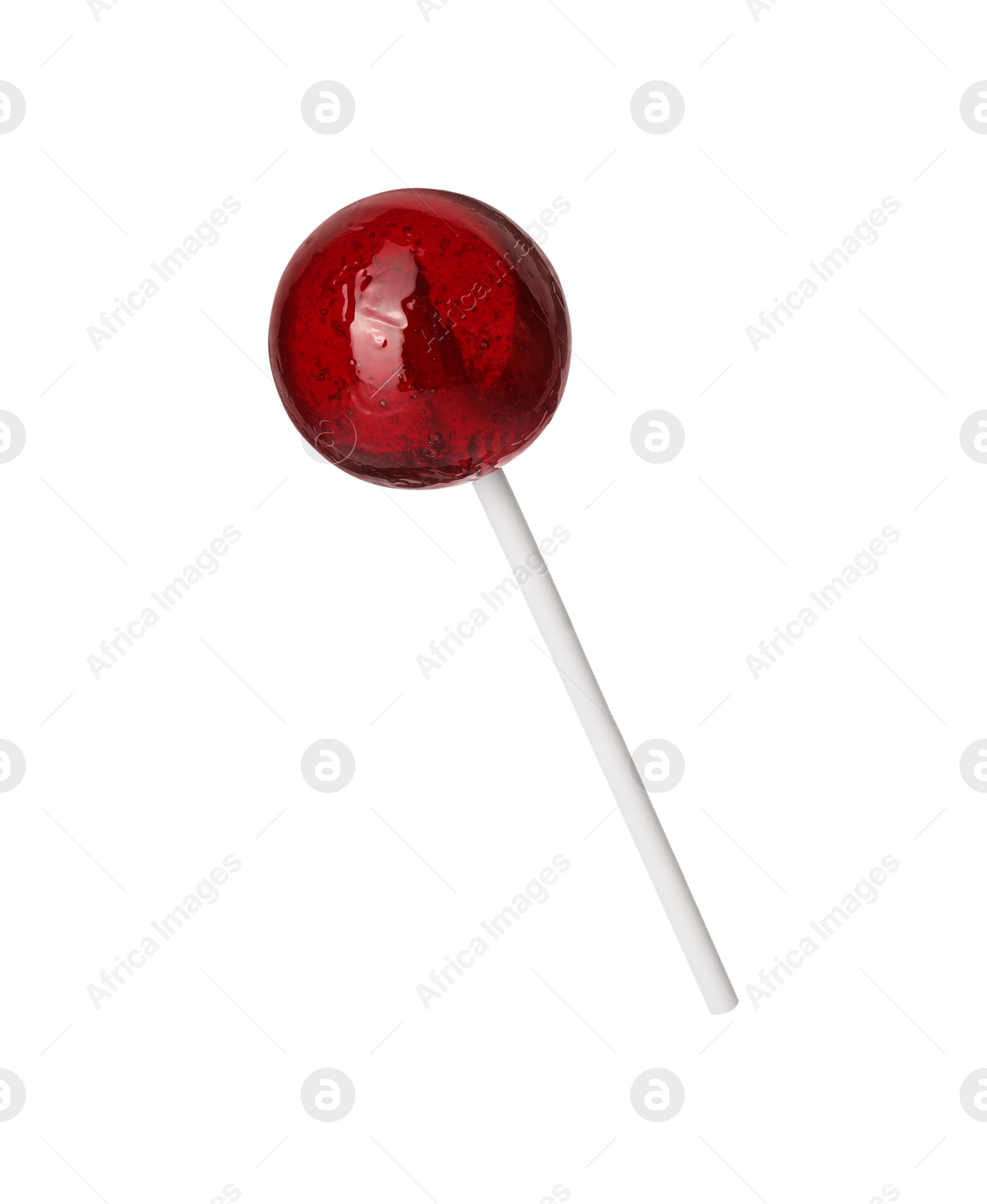 Photo of Tasty red lollipop isolated on white. Confectionery product