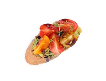 Photo of Delicious bruschetta with avocado, tomatoes and balsamic vinegar isolated on white, top view