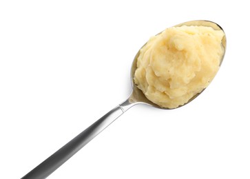 Photo of Spoon of tasty mashed potatoes isolated on white, top view