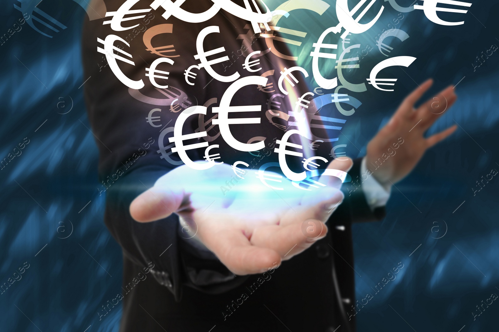 Image of Money exchange concept. Businessman with euro currency symbols on blue background, closeup