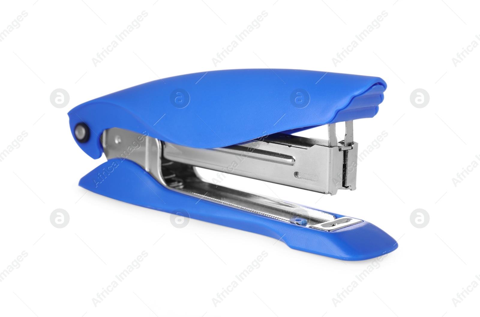 Photo of New bright blue stapler isolated on white