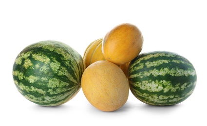 Photo of Delicious melons and watermelons on white background