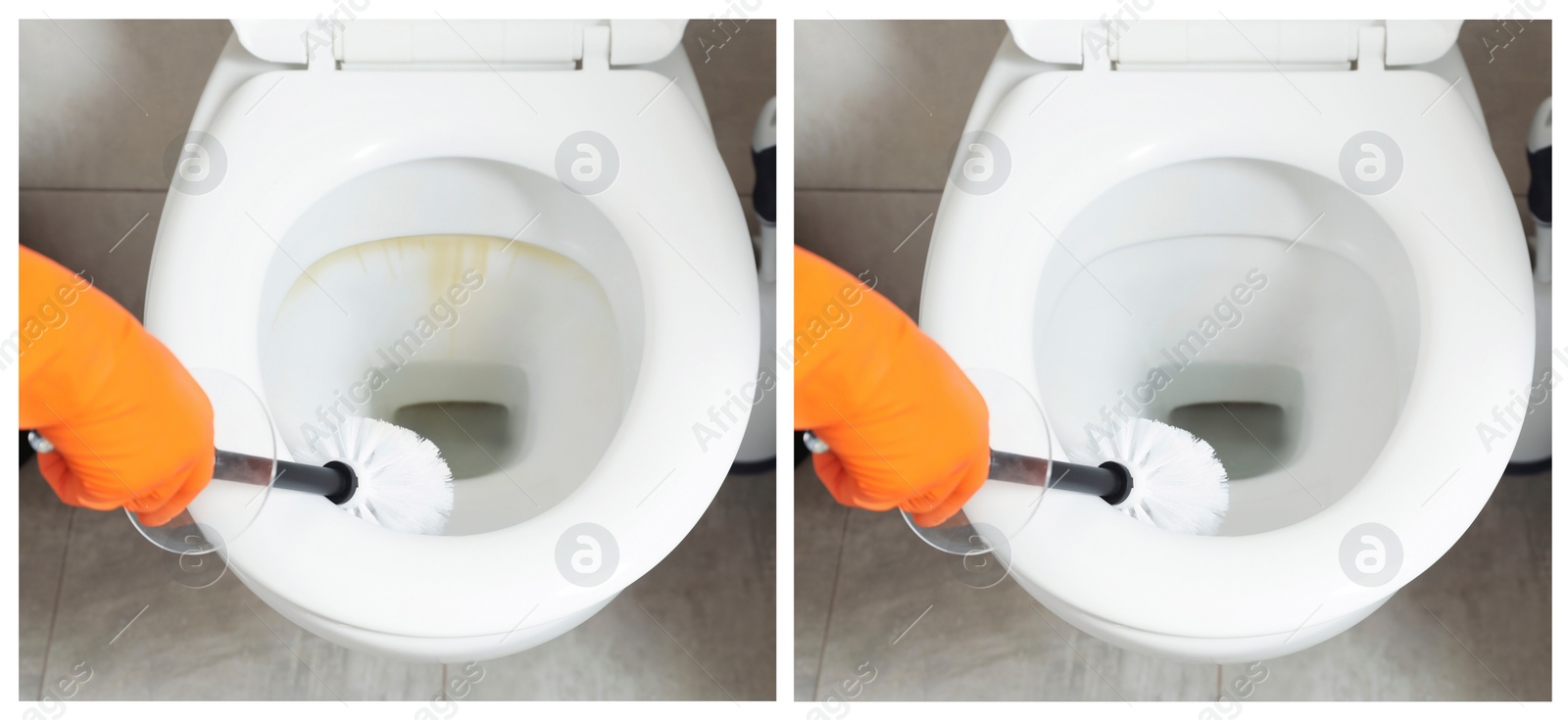 Image of Woman cleaning toilet bowl with brush in bathroom, closeup. Before and after 