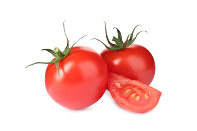 Photo of Tasty fresh raw tomatoes isolated on white