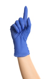 Woman in blue latex gloves showing one finger on white background, closeup of hand