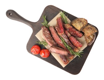 Delicious grilled beef with vegetables and rosemary isolated on white, top view