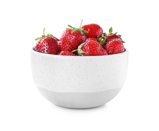 Ripe strawberries in ceramic bowl isolated on white