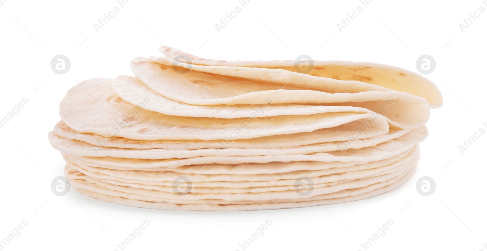 Photo of Stack of corn tortillas on white background. Unleavened bread