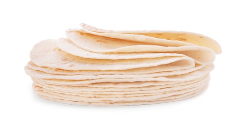 Photo of Stack of corn tortillas on white background. Unleavened bread
