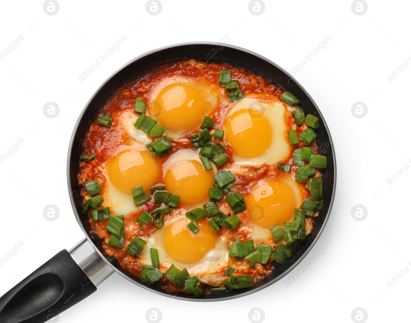 Photo of Delicious shakshuka in frying pan isolated on white, top view