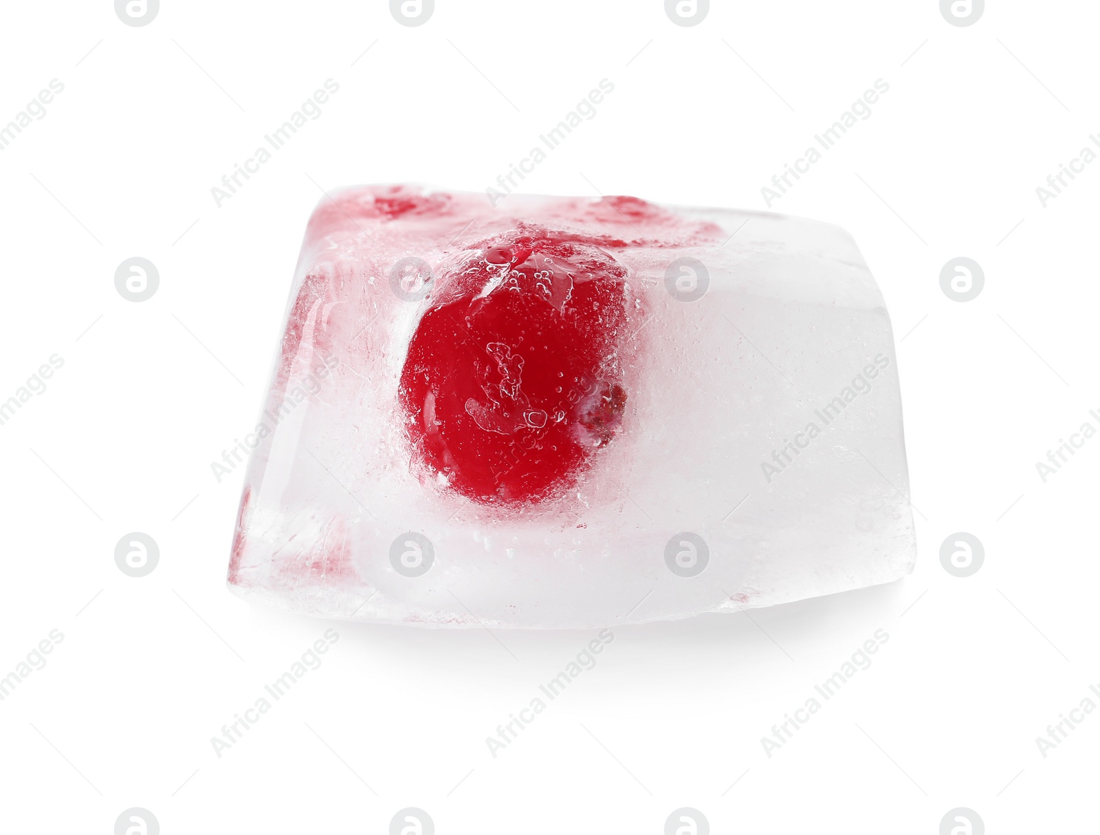 Photo of Raw berries frozen in ice cube on white background