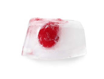 Photo of Raw berries frozen in ice cube on white background