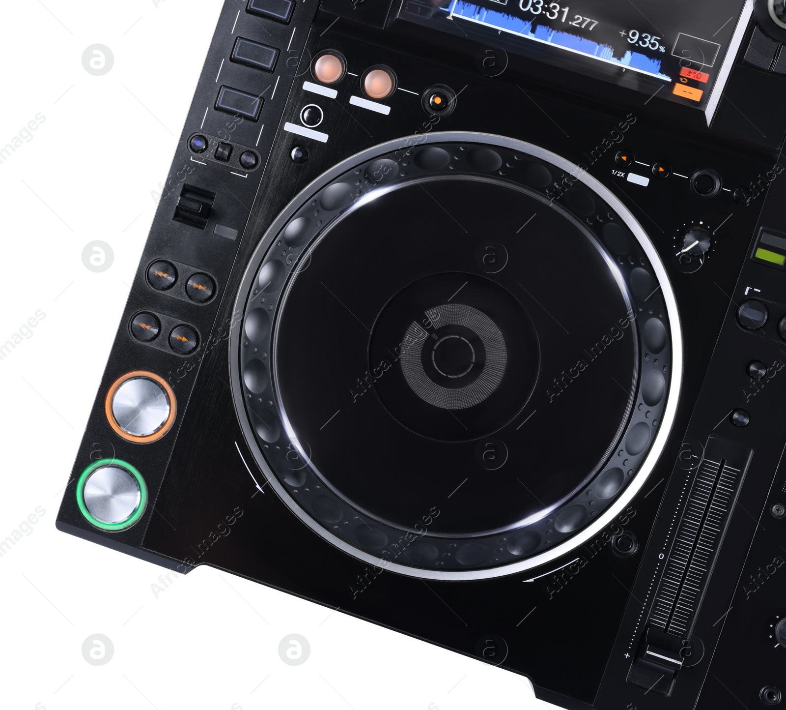 Photo of Modern DJ controller on white background, top view