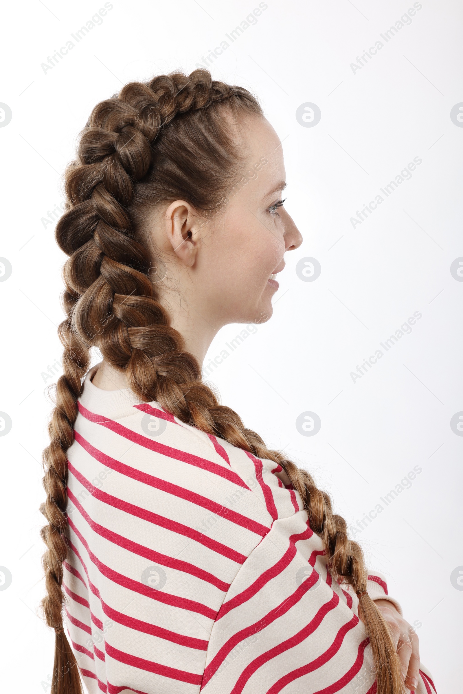 Photo of Woman with braided hair on white background