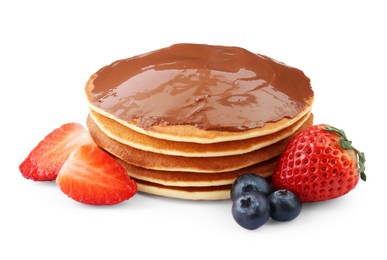 Tasty pancakes with chocolate paste and berries isolated on white