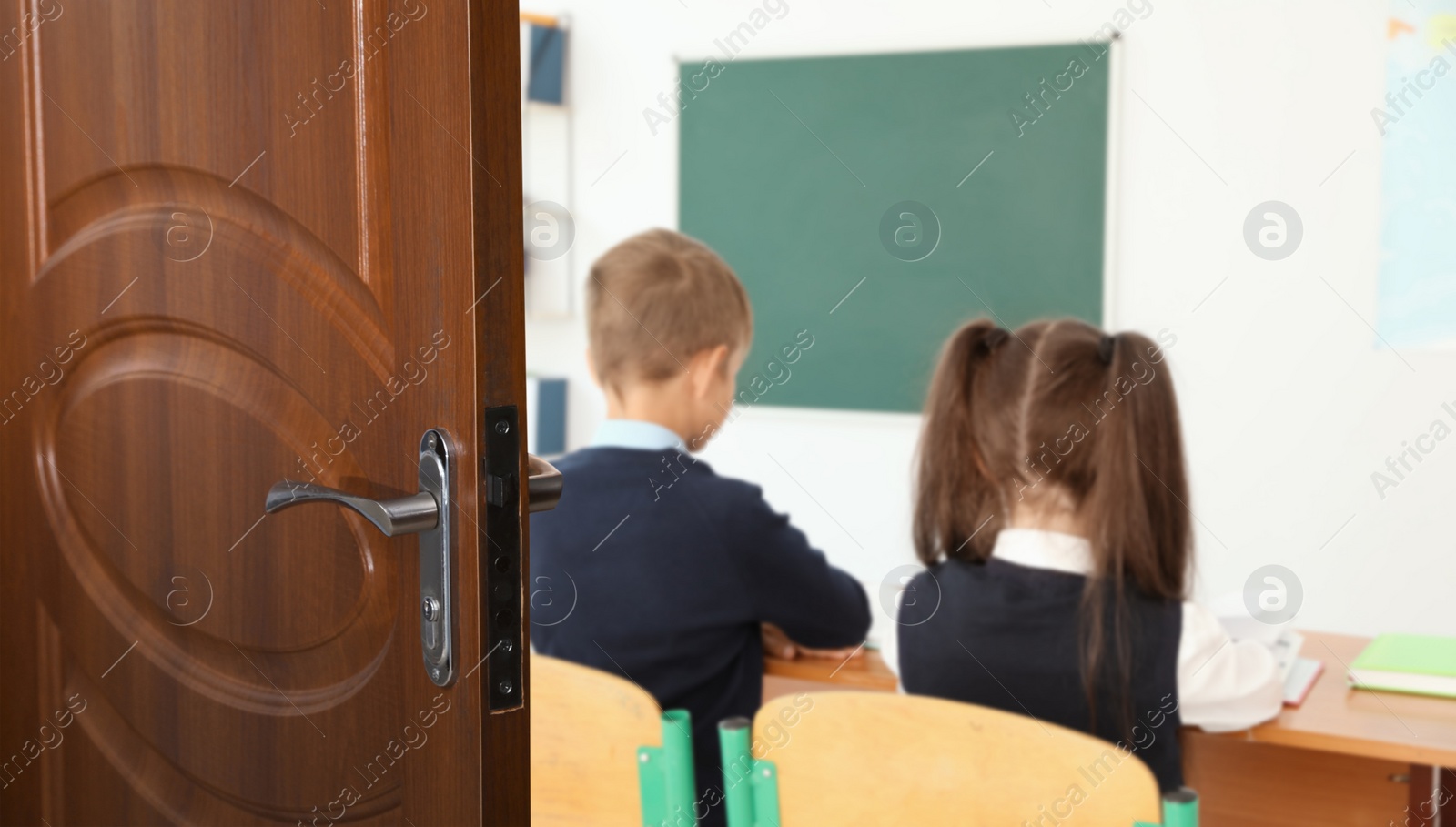 Image of Wooden door open into modern classroom with students, banner design