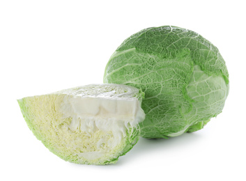 Photo of Whole and cut savoy cabbage isolated on white
