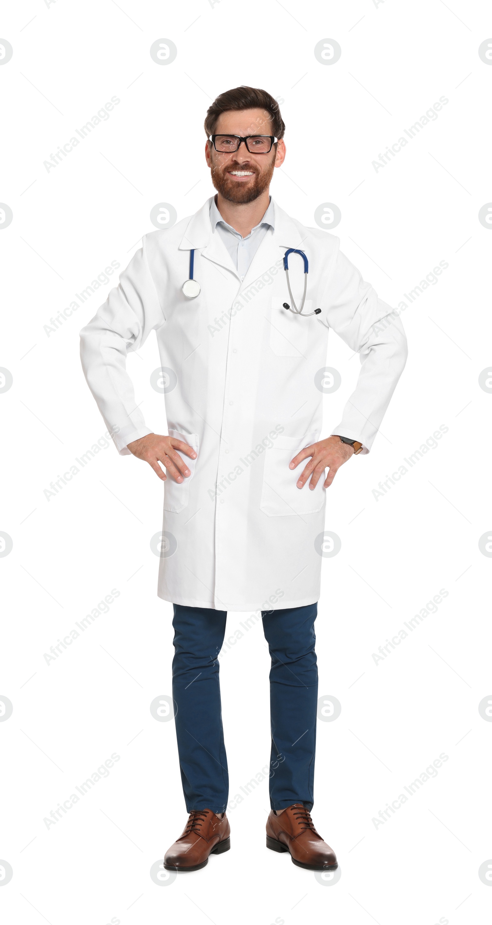 Photo of Full length portrait of doctor with stethoscope on white background