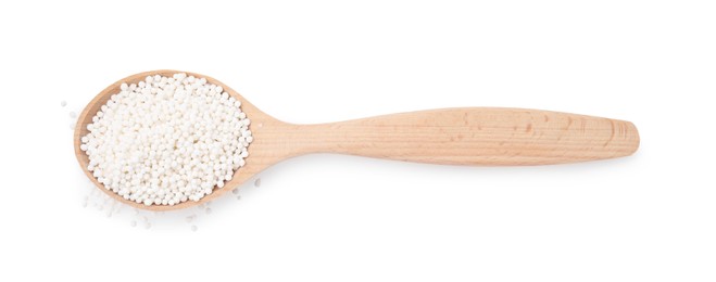 Photo of Spoon with tapioca pearls isolated on white, top view