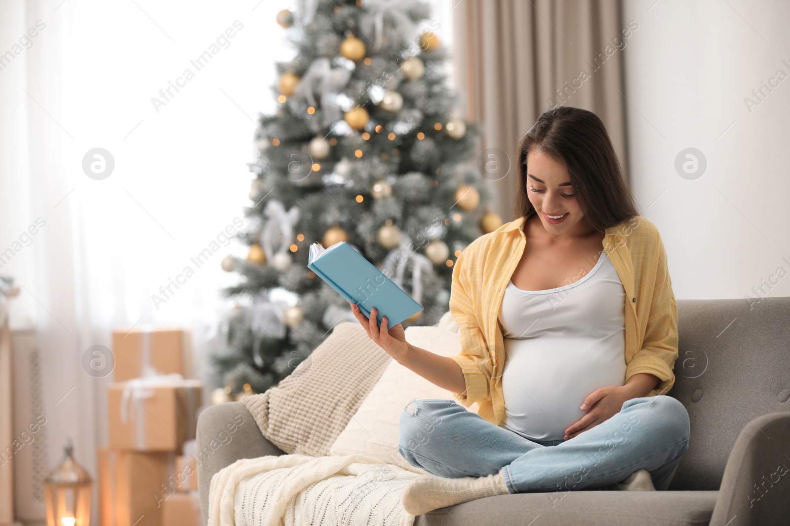 Photo of Happy pregnant woman with book in living room decorated for Christmas. Expecting baby