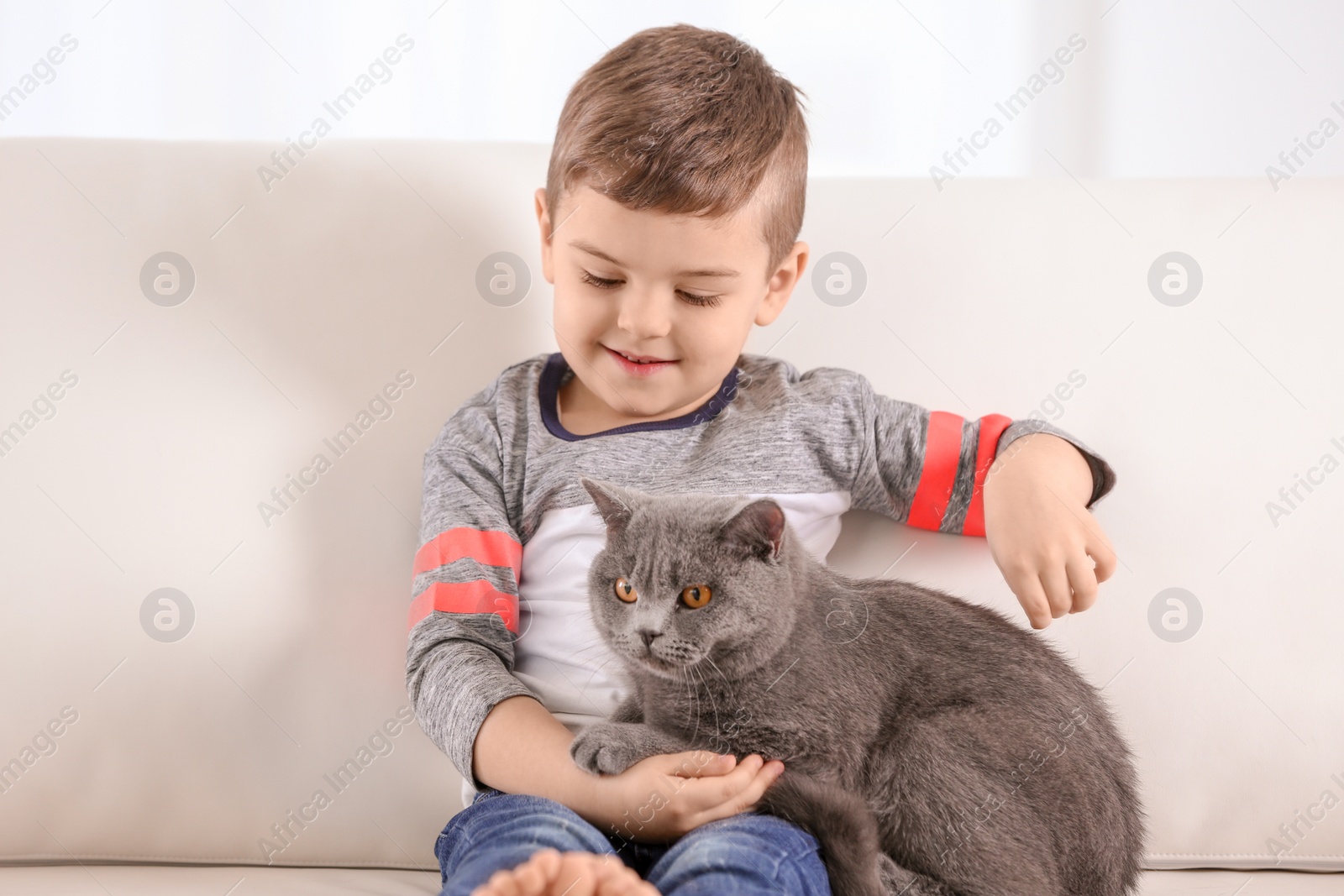 Photo of Cute little child with cat at home