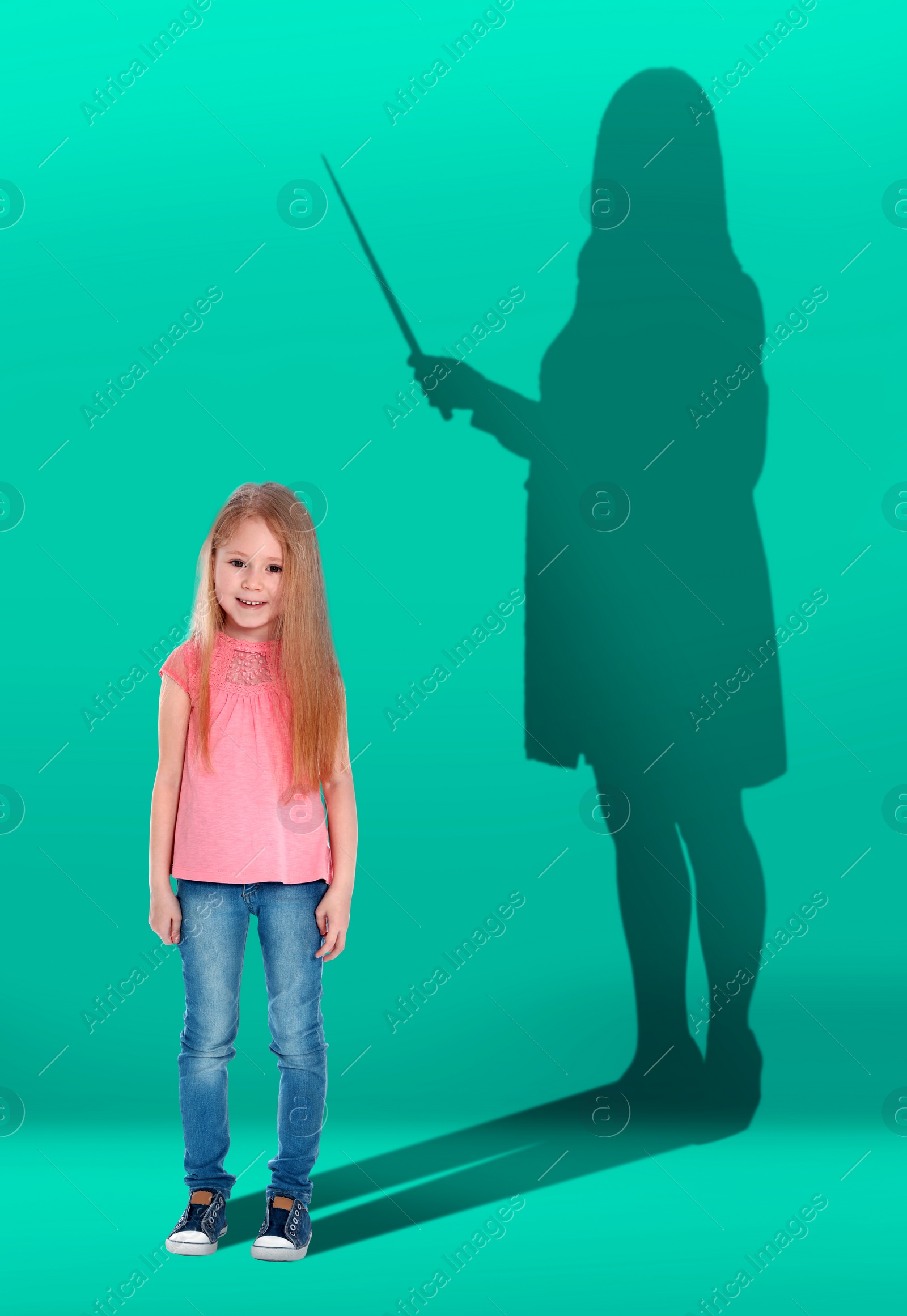 Image of Dream about future occupation. Smiling girl and silhouette of teacher on turquoise background