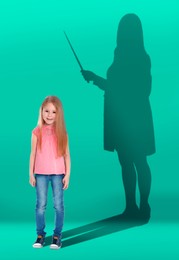 Image of Dream about future occupation. Smiling girl and silhouette of teacher on turquoise background