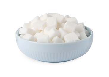 Bowl of refined sugar cubes isolated on white