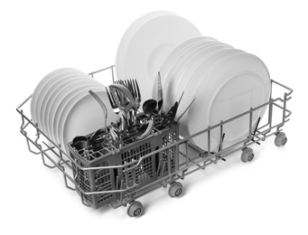 Rack with clean dishes and utensils on white background