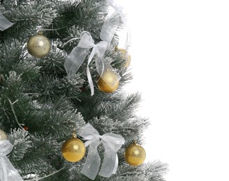 Image of Beautifully decorated Christmas tree on white background, closeup