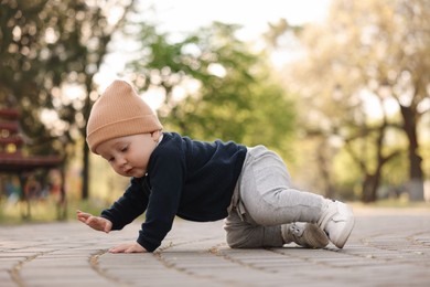 Photo of Learning to walk. Little baby crawling in park