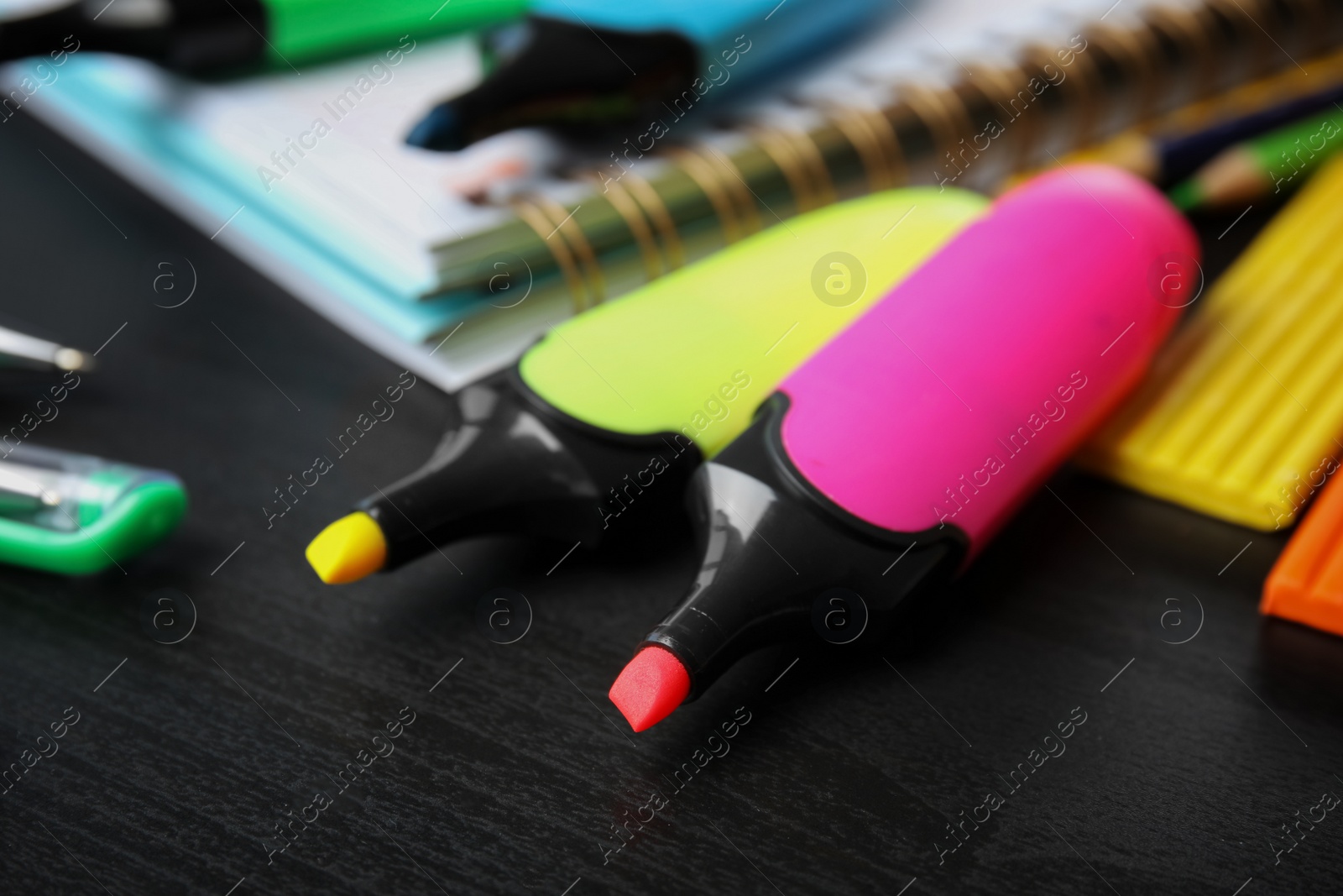 Photo of Different stationery on table, closeup. Back to school