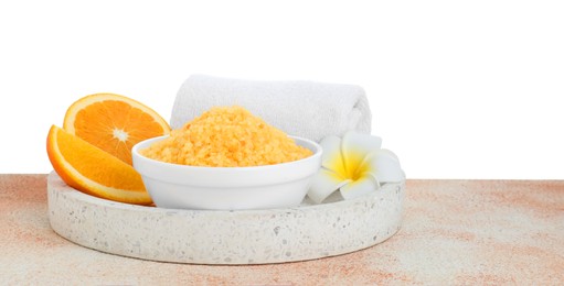 Photo of Composition with sea salt and towel on beige textured table against white background