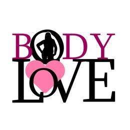 Words Body Love, pink heart and silhouette of woman in letter O on white background