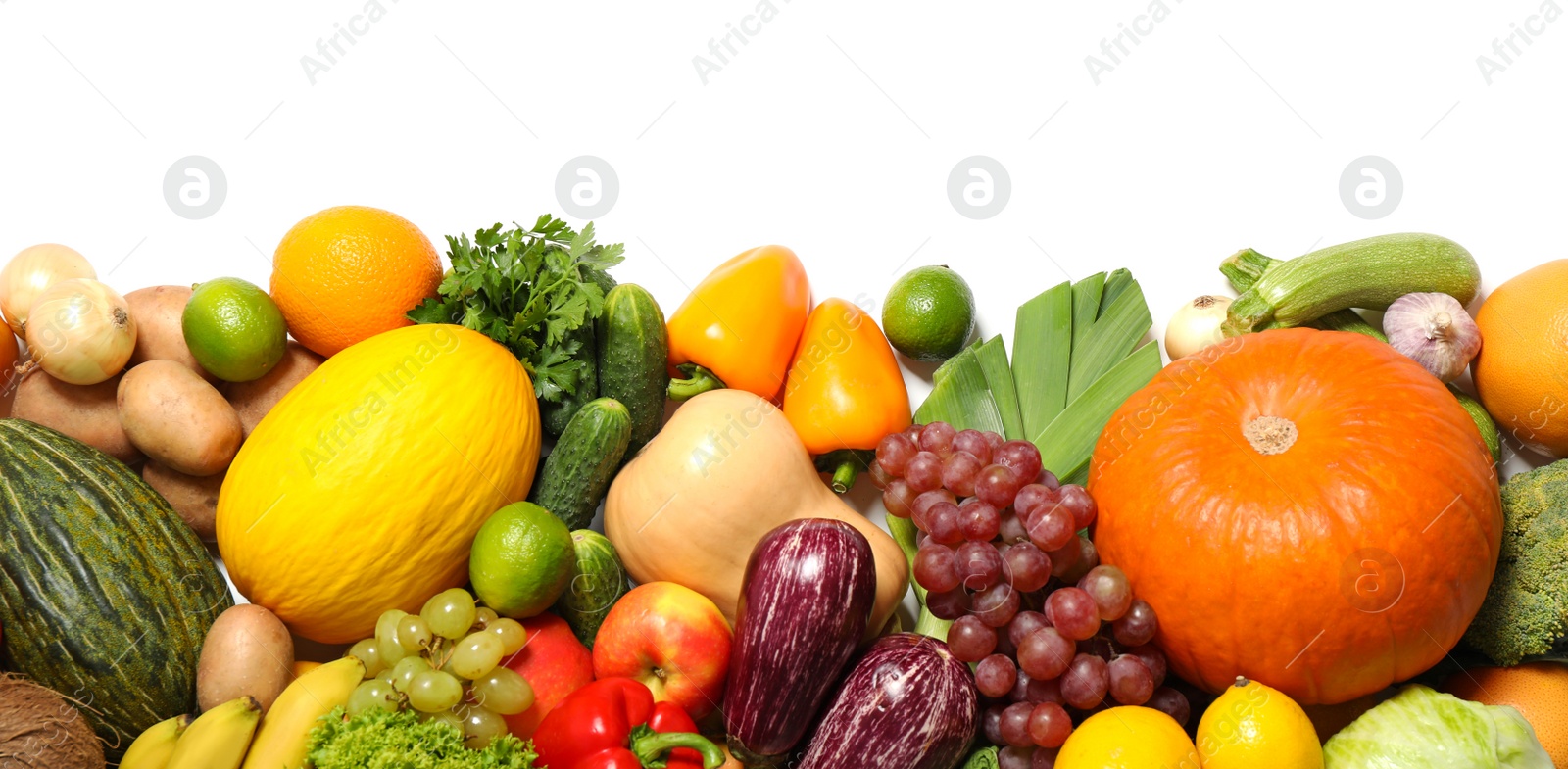 Photo of Assortment of fresh organic fruits and vegetables on white background, top view